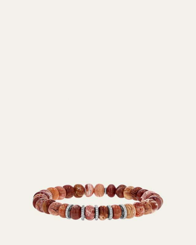 Howardite 8mm Bead Bracelet with 5 Pave Diamond Rondelles